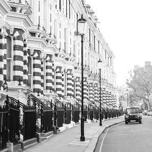 London Photography - London Taxi on Hornton Street, Black and White Houses, England Travel Photo, Large Wall Art, Home Decor, Gallery Wall