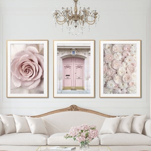 May include: Three framed prints with a pink rose, a pink door with gold accents, and a cluster of white and pink peonies.