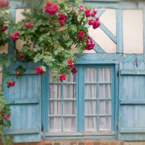 French Country Photo - Blue Shutters and Roses on Cottage Window, Picardy, France, Home Decor