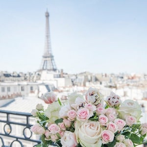 Paris Photography A Paris Balcony, Eiffel Tower, Roses, Travel Fine Art Photograph, French Home Decor, Large Wall Art image 1