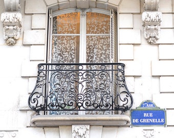 Paris Photograph - Lacy Balcony on Rue de Grenelle, Architecture Photography, Large Wall Art, Neutral French Home Decor, Fine Art Photo