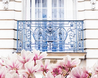 Paris Photography - Magnolia Blossoms under Balcony, Spring in Paris, Architecture Photograph, Travel Fine Art Photograph, Large Wall Art
