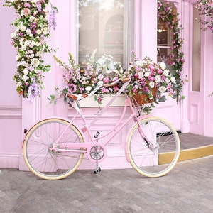 London Photograph London in Bloom, Pink Bicycle at Peggy Porschen, Vertical, England Fine Art Photograph, Pink Decor, Large Wall Art image 1