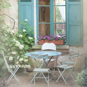 French Country Photography Blue Bistro Table, Chairs, Shutters