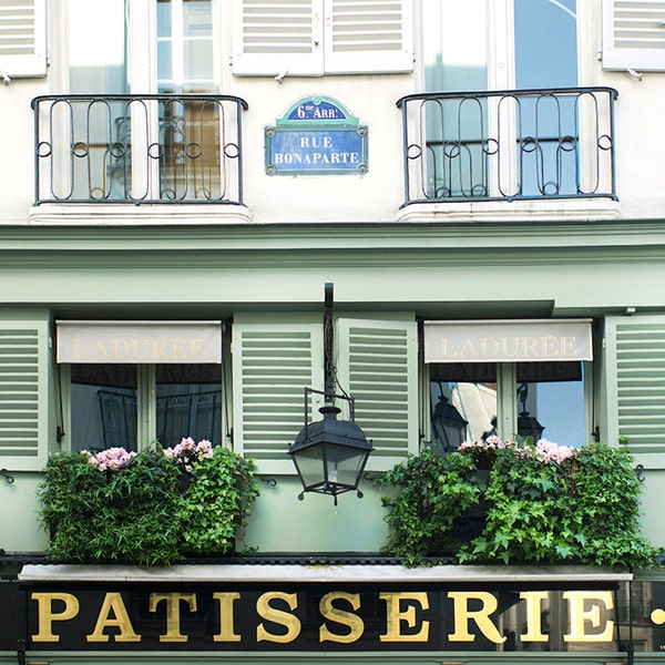 Paris Photograph - Green patisserie on rue Bonaparte, Green and Gold Travel Photography, French Home Decor, Large Wall Art