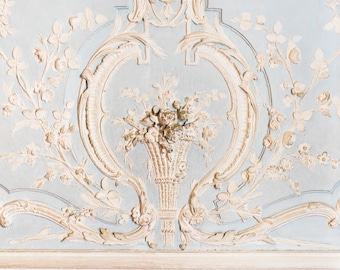 Könnte beinhalten: Eine hellblaue Wand mit aufwendigen weißen Stuckverzierungen mit einem floralen Design. Die Verzierungen haben die Form einer Vase mit Blumen.