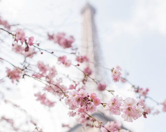 Fotografie Parijs - eerste lentedag in Parijs, kersenbloesems op de Eiffeltoren, Parijs kunstprint, kunst aan de grote muur