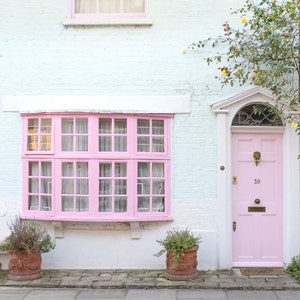 London Fotografie - Die rosa Tür, London, Pastell Häuser, England Reise Foto, große Wandkunst, Wohnkultur