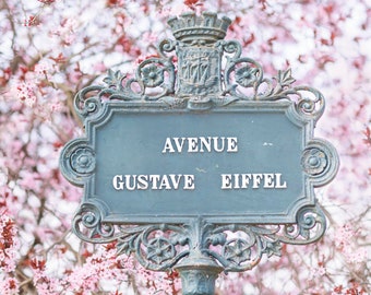 Paris Photography -  Avenue Gustave Eiffel, Spring in Paris, Paris Sign with Plum Blossoms, Travel Fine Art Photograph, Large Wall Art