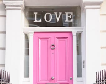 London Photography - The Love Door, London, Pink Pastel Houses, London, England Travel Photo, Large Wall Art, Home Decor