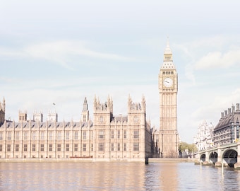 London Photograph - Blue Skies over London, England Fine Art Photograph, Big Ben, Travel Home Decor, Large Wall Art