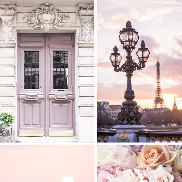 Paris Photography Set - Paris in Mauve, Eiffel Tower, Paris Door, The Louvre, Paris Roses, Four Fine Art Photographs, Large Wall Art