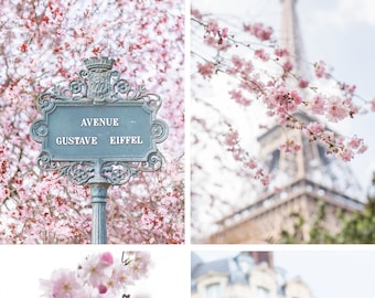 Paris Fine Art Photography Collection – Paris in Blossom Print Set, Eiffel Tower, Cherry Blossoms, Gallery Wall, Paris Art, Large Wall Art