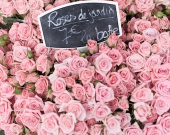 Paris Photograph - Market Roses de Jardin, Paris Flower Market, Pink Romantic French Home Decor, Large Wall Art
