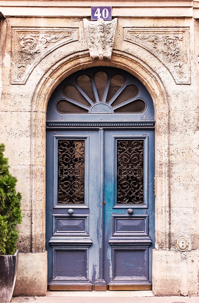 Paris Photography Faded Blue Door, France Travel Photography, French Home Decor, Large Wall Art image 1