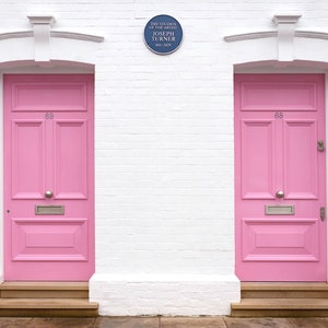 London Photography - Twinning in London, Double Pink Doors, Chelsea, England Travel Photo, Large Wall Art, Home Decor