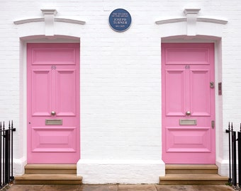 London Photography - Twinning in London, Double Pink Doors, Chelsea, England Travel Photo, Large Wall Art, Home Decor