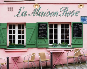 Fotografía de París - Pink Cafe, La Maison Rose, Fotografía romántica de viaje, Decoración francesa del hogar, arte de pared grande