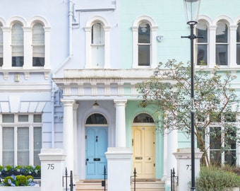 London Photography - Notting Hill Neighbors, Blue and Teal Pastel Houses, England Travel Photo, Large Wall Art, Home Decor, Gallery Wall