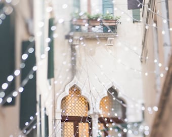 Venice Photography - Gothic Window with Fairy Lights, Carnival, Venice, Italy, Travel Photography, Large Wall Art