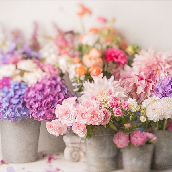 Fotografía de flores - El mercado de flores francés, rosas, hortensias, país francés, fotografía de naturaleza fija floral, decoración romántica de la pared