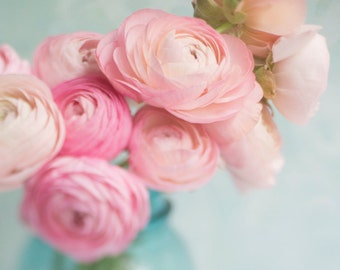 Ranunculus Photography -  Romantic Pink Flowers, Floral Photograph, Shabby Wall Decor