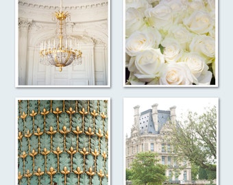 Paris Photo Set - Four Fine Art Photographs of Paris, Roses, The Louvre, Chandelier, Wall Decor, Large Wall Art