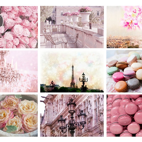 Paris Photography Postcard Set - Photographs of the Eiffel Tower, Romantic Roses, Parisian Flower Market, Macarons, Pink Chandelier