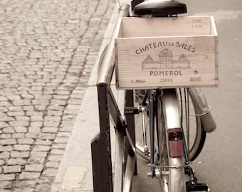 Paris Photography - Paris Bicycle on Parisian Street, with Wine Crate, France, Wall Decor Fine Art Travel Photograph