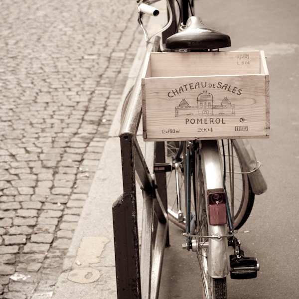 Paris Photography - Paris Bicycle on Parisian Street, with Wine Crate, France, Wall Decor Fine Art Travel Photograph