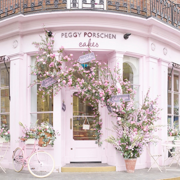 London Photograph - Bicycle at Peggy Porschen Parlour, Pink Cake Shop, England Fine Art Photograph, Kitchen Home Decor, Large Wall Art