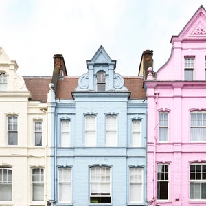 London Photography - Pastel Houses in Hampstead, London, England Travel Photo, Large Wall Art, Pink and Blue Nursery Decor