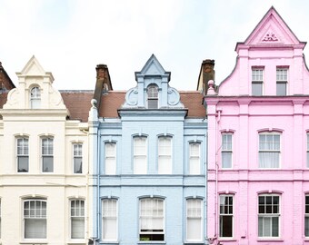 London Photography - Pastel Houses in Hampstead, London, England Travel Photo, Large Wall Art, Pink and Blue Nursery Decor