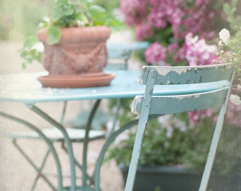 French Country Photo - Blue Bistro Chair, Rose Garden, Impressionists, Giverny, France, Home Decor