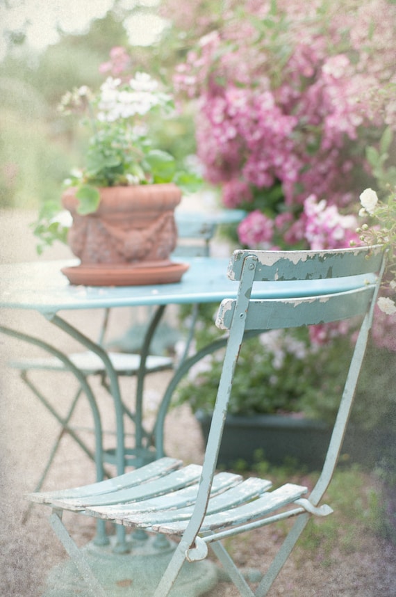 French Country Photo Blue Bistro Chair Rose Garden Impressionists Giverny France Home Decor
