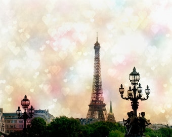 Paris Photography - Valentines Day, Paris Print, Paris Love, Pink Hearts and the Eiffel Tower, French Travel Decor, Large Wall Art