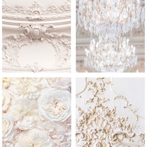 Puede incluir: Un collage de cuatro im&aacute;genes con detalles ornamentados en blanco y dorado. La imagen superior izquierda muestra un techo blanco con molduras intrincadas. La imagen superior derecha muestra una l&aacute;mpara de ara&ntilde;a de cristal colgando de un techo blanco. La imagen inferior izquierda muestra un primer plano de un arreglo de flores blancas. La imagen inferior derecha muestra una pared blanca con molduras doradas ornamentadas.