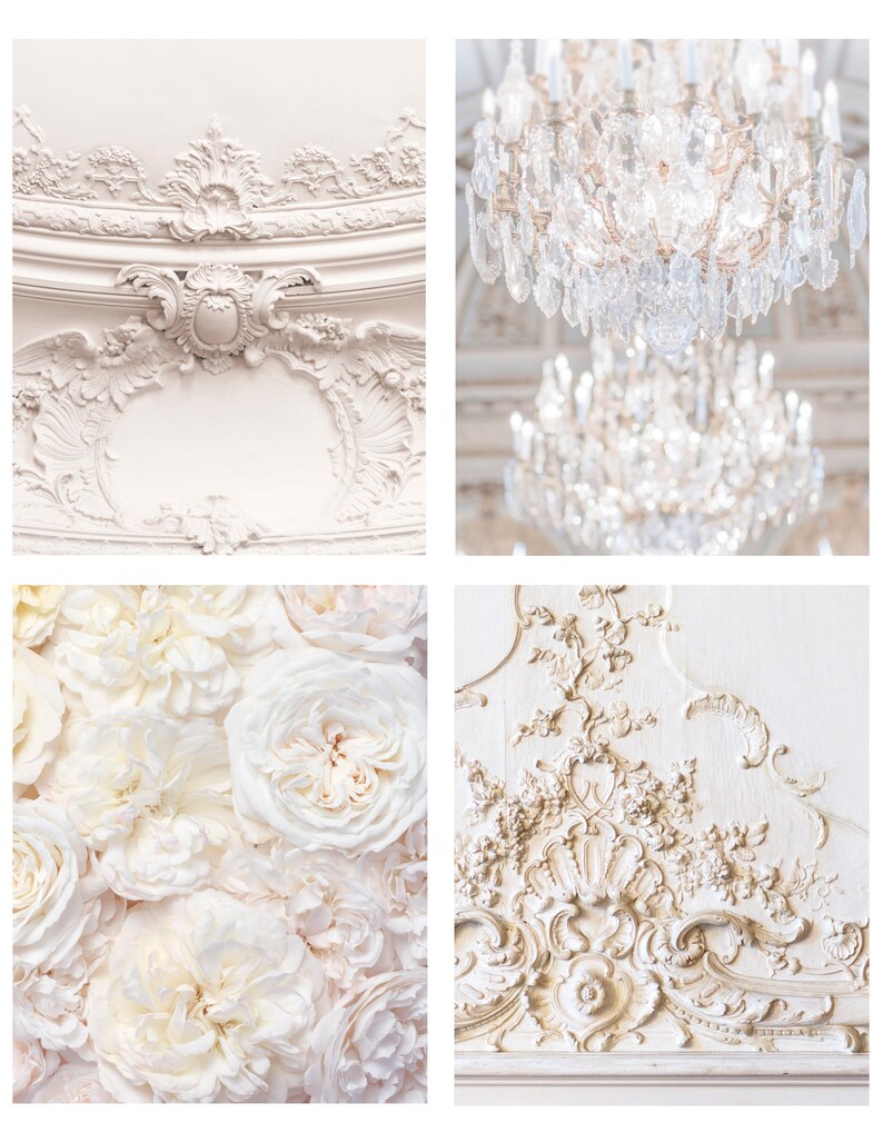 Puede incluir: Un collage de cuatro im&aacute;genes con detalles ornamentados en blanco y dorado. La imagen superior izquierda muestra un techo blanco con molduras intrincadas. La imagen superior derecha muestra una l&aacute;mpara de ara&ntilde;a de cristal colgando de un techo blanco. La imagen inferior izquierda muestra un primer plano de un arreglo de flores blancas. La imagen inferior derecha muestra una pared blanca con molduras doradas ornamentadas.