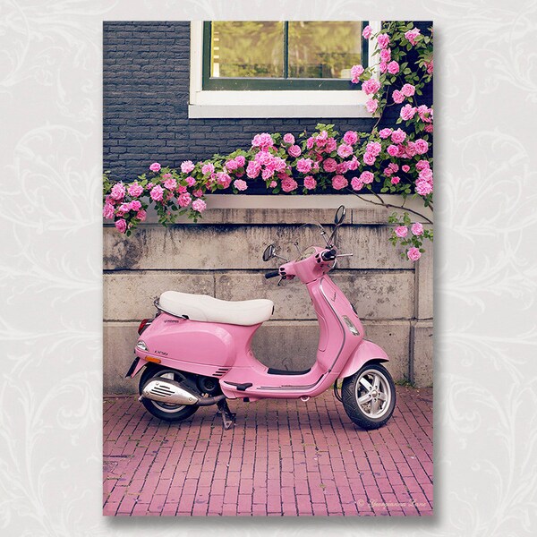 Europe Photo on Canvas, Pink Scooter and Roses, Fine Art Travel Photograph, Nursery Art, Large Wall Art