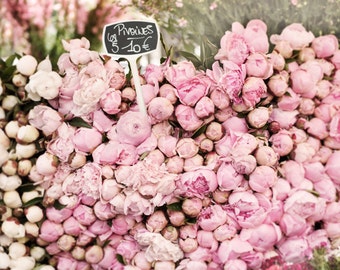 Paris Pivoine Photographie - Pivoines roses au marché, Grand Mur Art, Floral Français - Home Decor