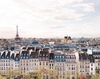 Paris Architecture Photography -  Eiffel Tower and Paris Rooftops, Cream and Grey, Neutral French Home Decor, Large Wall Art