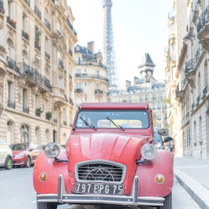 Paris Photograph - Red Citroen and the Eiffel Tower, French Car, French Home Decor, Fine Art Photograph, Large Wall Art