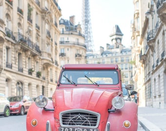 Paris Photograph - Red Citroen and the Eiffel Tower, French Car, French Home Decor, Fine Art Photograph, Large Wall Art