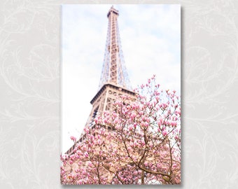 Paris Photo on Canvas, Magnolias at the Eiffel Tower, Roses, Gallery Wrapped Canvas, Large Wall Art, French Travel Home Decor