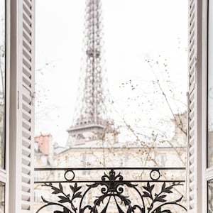 May include: A view of the Eiffel Tower through a window with white shutters. The window has a wrought iron balcony railing with a decorative design.