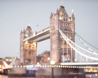 London Photography -  Evening at Tower Bridge, Twinkle Lights, England Travel Photo, Large Wall Art, Home Decor
