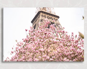 Paris Photograph on Canvas, Early Magnolias at the Eiffel Tower, Spring in Paris, Travel Fine Art Photograph, Large Wall Art, Gallery Wall