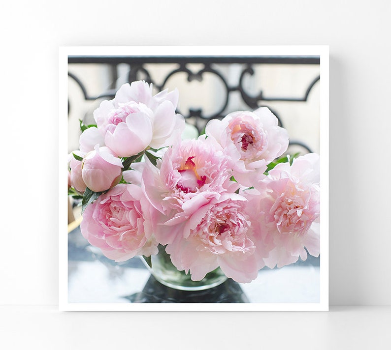 Paris Photography NEW Peonies on a Paris Balcony, 5x5 Paris Fine Art Photograph, French Home Decor, Wall Art, Paris Gallery Wall image 1