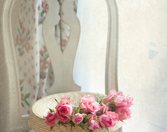 Paris Photograph  -  Le Chapeau, Pink Roses on Chair in Parisian Apartment, French Wall Decor,