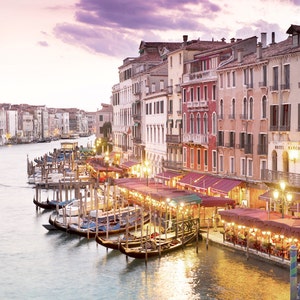 Venice Photography -  Evening at the Rialto Bridge, Sunset on the Canal, Gondolas, Wall Decor, Italy Travel Photograph